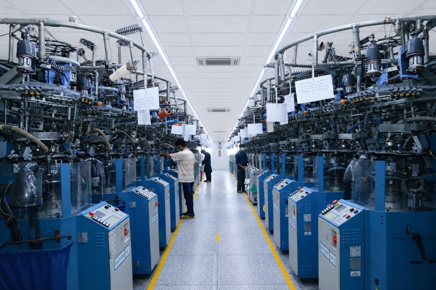 Industrial knitting machinery in a hosiery manufacturing facility